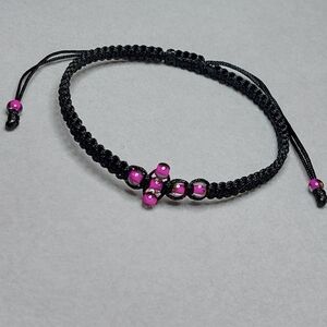 Pink Glass Beads Cross Black Adjustable Bracelet